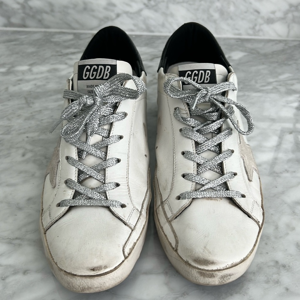 Golden Goose Super Star size 41 white and black with silver glitter laces.